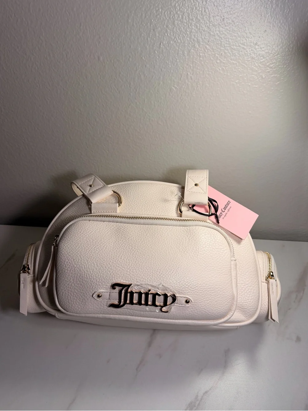Juicy Couture Cream Pebbled Leather Shoulder Bag with Logo Plaque